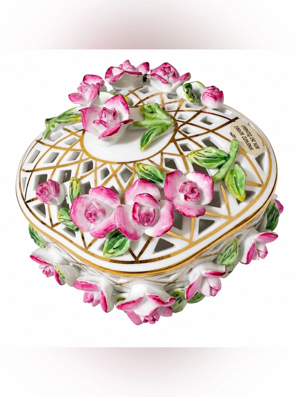 Formations Baum Bros Porcelain Trinket Box Pink Roses 10KT Gold